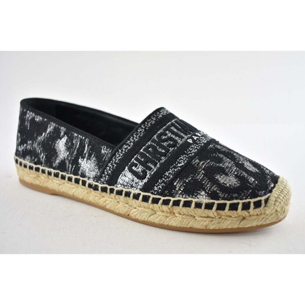 Dior Granville Mizza Lurex Embroidered Black Grey Silver Logo Espadrille Flat 37 - Picture 2 of 12